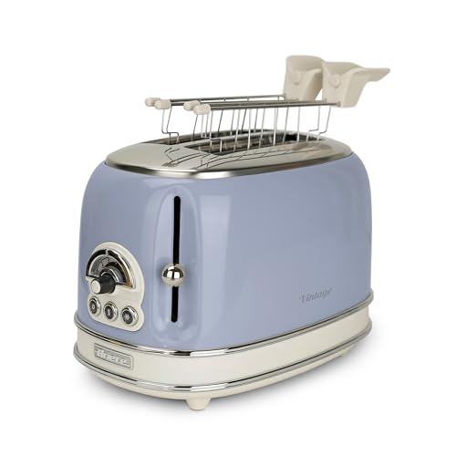 Ariete Vintage 155, 2-Scheiben-Toaster, Retro Toaster mit 6 Toaststufen, Automatischer Auswurf, Auftaufunktion, Herausnehmbares Krümelfach, Gehäuse aus Edelstahl, mit Sandwichzangen, 810W, Blau von Ariete