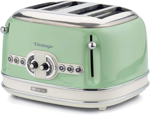 Ariete Vintage 156, 4-Scheiben-Toaster, Retro Toaster mit 6 Toaststufen, Automatischer Auswurf, Auftaufunktion, Herausnehmbares Krümelfach, Gehäuse aus Edelstahl, 1600W, Grün von Ariete