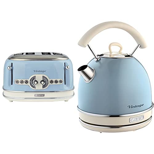 Ariete 156/05-blue Vintage 4-Schlitz-Toaster, lackierter Edelstahl, Blau & 2877 Kabelloser Wasserkocher Vintage, 1,7 L, 2200 W, blau, Rostfreier Stahl von Ariete