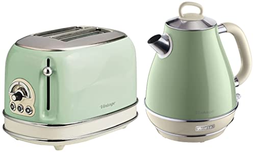 Ariete 2869 Vintage, elektrischer Wasserkocher aus Edelstahl, 1,7 Liter, für Wasser, Tee und Kräutertees, Abschaltautomatik, 2000 W, Pastellbeige & 155-Toaster, 18/8 Stainless Steel, Grün von Ariete