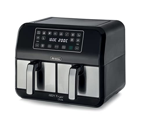 Ariete 4624 Airy Fryer Dual Metal, Luftfritteuse mit Doppelkorb, 1700 W, Fassungsvermögen 8 L, 3 Kochfunktionen, digitales LED-Touch-Panel, 8 voreingestellte Programme, Timer, 2 Körbe, schwarz von Ariete