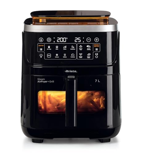 Ariete 4636 Luftfritteuse mit Dampffunktion + Grill, 1700W, Dörrfunktion, 10 Kochfunktionen, transparenter Korb, Timer, Innenbeleuchtung, schwarz von Ariete
