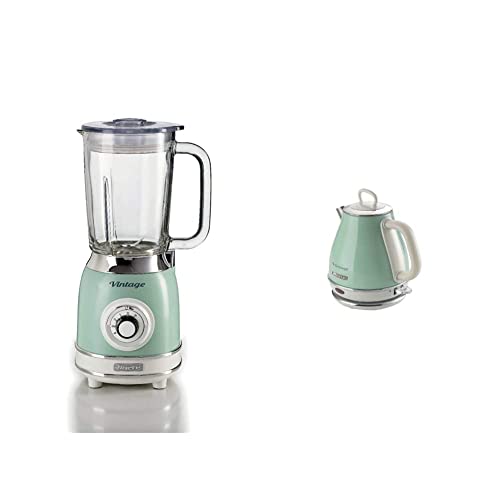 Ariete 583 Vintage, Retrò, 1000 Watt Standmixer mit Glasbehälter 1,5 Liter, grün & 2868 Vintage, elektrischer Design-Wasserkocher aus Edelstahl für Aufgussgetränke, 1 Liter, 1600 W, Grün von Ariete