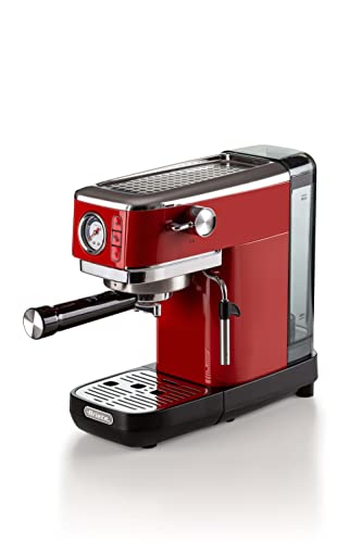 Ariete Espresso Slim Metal 1381, Kaffeemaschine mit Manometer, Kompatibel mit Kaffeepulver und ESE-Pads, 15 Bar Maximum, 1 oder 2 Tassen-Filter, Cappuccino-Düse, 1300W, Rot von Ariete