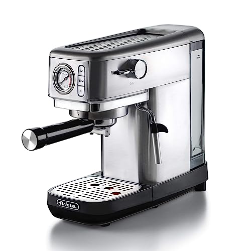 Ariete Espresso Slim Metal 1381, Kaffeemaschine mit Manometer, Kompatibel mit Kaffeepulver und ESE-Pads, 15 Bar Maximum, 1 oder 2 Tassen-Filter, Cappuccino-Düse, 1300W, Silber von Ariete