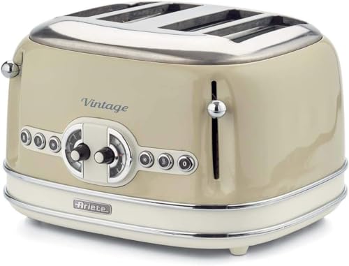 Ariete Vintage 156, 4-Scheiben-Toaster, Retro Toaster mit 6 Toaststufen, Automatischer Auswurf, Auftaufunktion, Herausnehmbares Krümelfach, Gehäuse aus Edelstahl, 1600W, Beige von Ariete