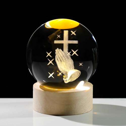 Arikyrist 3D-Kreuz-Kristallkugel mit Holz-Lichtsockel, lasergraviert, betend in der Hand mit einem Kreuz, religiöse Geschenke für Frauen, 3D-Kristallkreuz-Figuren, Nachtlicht, Heimdekoration von Arikyrist