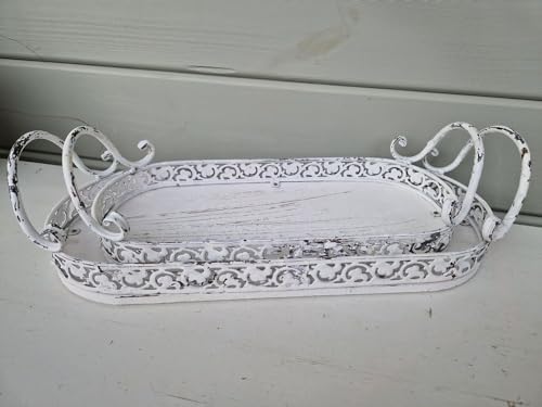 Arinosa Dekotabletablett Shabby Chic Weiß Holz Metall Tablett Oval 33,5 oder 40 cm Preis ab, Größe:Klein 33.5x14xH4cm von Arinosa