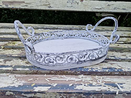 Dekotablett Kerzentablett Weiß OVal Holz Metall Shabby Chic 22 x 17 x 9 cm von Arinosa