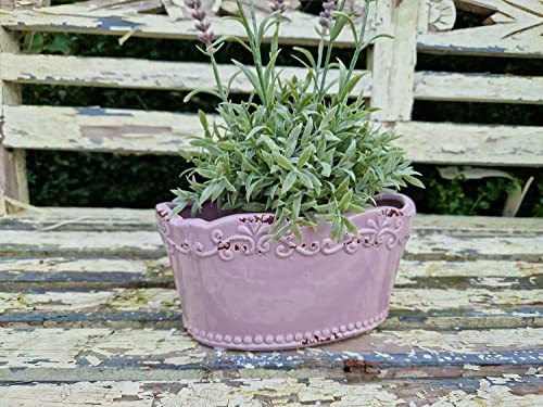 Arinosa Pflanztopf oval Dolomit Keramik Landhaus Shabby Romantik mit Ranke 18,5x11x8,5 cm (Lila) von Arinosa