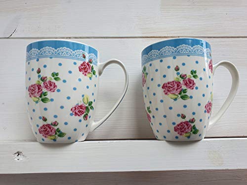 Arinosa Tassen Set 2 Teebecher Kaffeebecher Rosen Hellblau Porzellan Vintage 10 cm von Arinosa