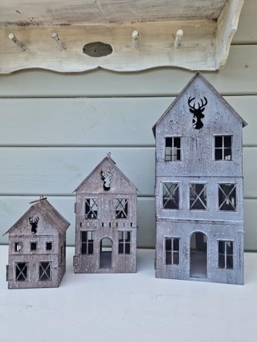 Arinosa Windlicht Häuschen Grau Shabby Metall lackiert Lichthaus Hirschkopf Grö0e wählbar, Bitte Größe wählen:10x12x21cm von Arinosa