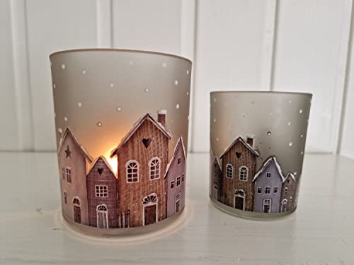 Arinosa Windlicht Häuschen Winter Glas 2er Set Ø 7-9 H 8-10 cm von Arinosa