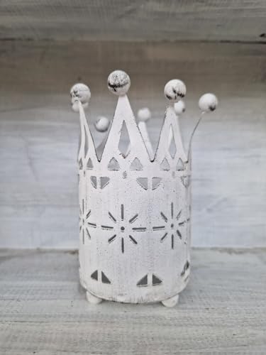 Teelichthalter Windlicht Metall Weiß Krone Shabby Chic 6,5x6,5x11 cm von Arinosa
