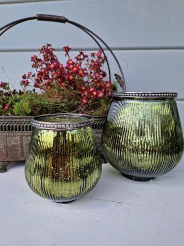 Windlicht Glas Grün Vintage Relief 2er Set antiksilber von Arinosa