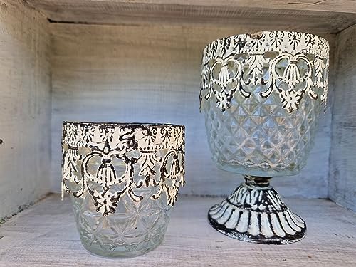 Windlicht Set Glas Metall Shabby Chic Antik Weiß 2 er Set von Arinosa