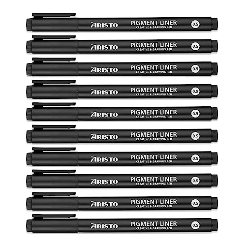 Aristo AR23505 Pigmentliner 0,5 mm (Fineliner mit hochpigmentierter Tinte, licht- und wasserbeständig, metallgefasste Spitze) 10 Stück, schwarz von Aristo