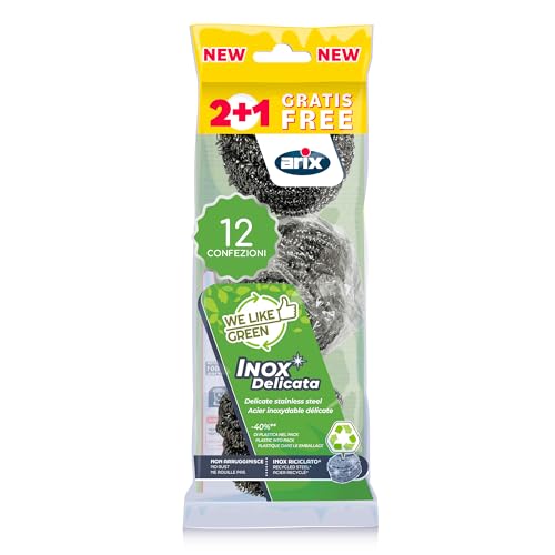 ARIX | 36 Scheuerschwämme aus Edelstahl der Linie We Like Green, kratzfester Scheuerschwamm zum Entfernen von hartnäckigem Schmutz und Verkrustungen, Geschirr, Stahltopf – 12 Packungen von Arix