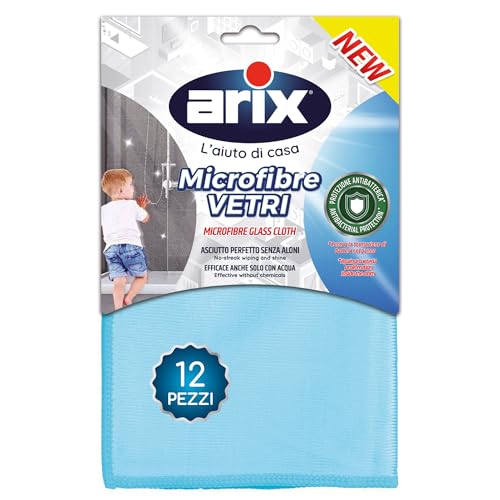 Arix | 12 Mikrofasertücher für Glas mit Antibakteriell, 32 x 31 cm, doppelseitiges Glasreinigungstuch, Reinigung von Spiegeln, Kristallen und glänzenden Oberflächen - Packung mit 12 Stück von Arix