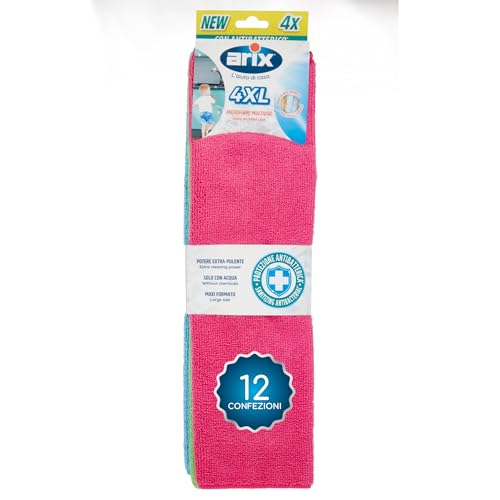 Arix | 48 Bunte XXL Microfribre mit antibakterieller Behandlung, 38 x 36 cm, Mehrzweck-Mikrofasertuch, extra Reinigungskraft, geeignet für alle Oberflächen – 12 Packungen von Arix