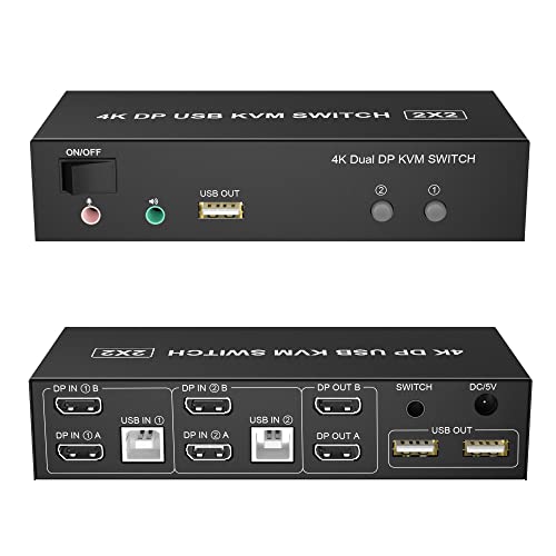 KVM Switch Dual Monitor DisplayPort 4K@60Hz Extended Display, Displayport 1.2 KVM Switch 2 in 2 Out mit Audio Mikrofon Ausgang und 3 USB 2.0 Hub 2 Monitore 2 Computer KVM Switch KVM Switch Dual Monitor DisplayPort 4K@60Hz Extended Display, Displayport 1.2 KVM Switch 2 in 2 Out mit Audio Mikrofon Ausgang und 3 USB 2.0 Hub 2 Monitore 2 Computer KVM Switch von Yeemie