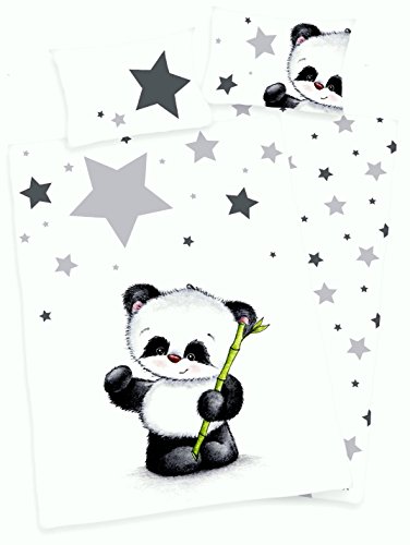 Arle-Living 3 TLG. Baby Bettwäsche Wende Motiv Panda renforcé 100x135 cm + 40x60 cm + 1 Spannbettlaken 70x140 cm (mit Laken: Silber) von Arle-Living