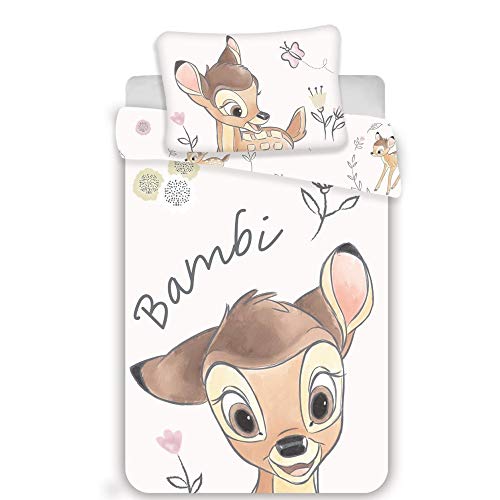 Arle-Living 3 TLG. Baby/Kinder Bettwäsche Motiv: Bambi mit Blumen - renforcé 100x135 cm + 40x60 cm + 1 Spannbettlaken 70x140 cm - 100% Baumwolle (Bambi Blumen) von Arle-Living