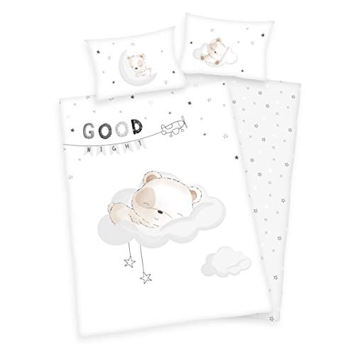 Arle-Living 3 TLG. Baby Flanell Bettwäsche Set mit Wende Motiv: schlafendes Bärchen - 100x135 cm + 40x60 cm + 1 Spannbettlaken 70x140 cm (Flanell) von Arle-Living