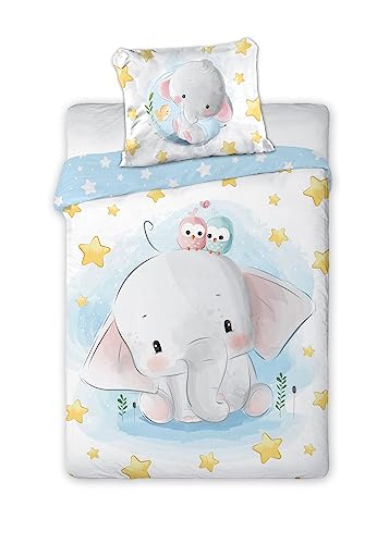 Arle-Living 3 TLG. Baby Kinder Bettwäsche Set - 100x135 cm + 40x60 cm + 1 Spannbettlaken in weiß 60x120-70x140 cm -100% Baumwolle (Elefant Sterne) von Arle-Living