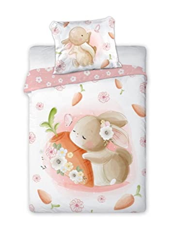 Arle-Living 3 TLG. Baby Kinder Bettwäsche Set - 100x135 cm + 40x60 cm + 1 Spannbettlaken in weiß 60x120-70x140 cm -100% Baumwolle (Hase Möhre) von Arle-Living