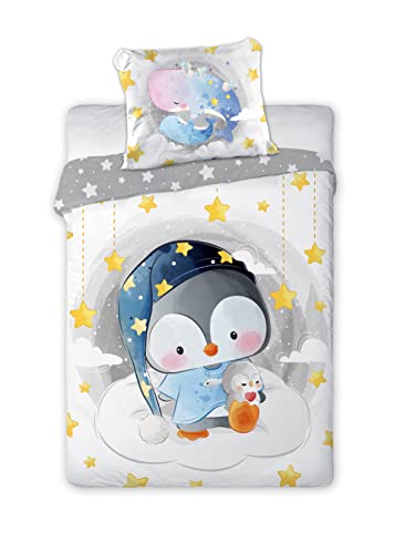 Arle-Living 3 TLG. Baby Kinder Bettwäsche Set - Pinguin Schlafmütze - 100x135 cm + 40x60 cm + 1 Spannbettlaken in weiß 60x120-70x140 cm -100% Baumwolle von Arle-Living