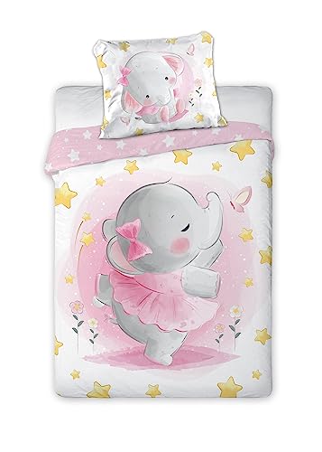 Arle-Living 3 TLG. Kinder Baby Bettwäsche Set - Elefant Ballerina - 100x135 cm + 40x60 cm + 1 Spannbettlaken 70x140 cm - 100% Baumwolle von Arle-Living