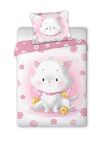 Arle-Living 3 TLG. Kinder Baby Bettwäsche Set mit Wende Motiv: Kitty/Kätzchen - 100x135 cm + 40x60 cm + 1 Spannbettlaken in weiß 70x140 cm - 100% Baumwolle von Arle-Living