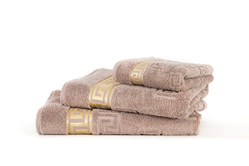 Arle-Living Luxus Medusa Handtuch 50x90 cm im 4er Pack/Jacquard Webung/Hochflor Frottee mit Medusa Flachprägung und Goldener Medusa Bordüre (Sahara/Beige/hell Braun, 4er Pack Handtuch 50x90 cm) von Arle-Living