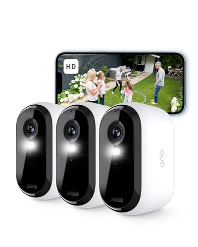 Arlo Essential 2 HD Akku Überwachungskamera Aussen WLAN, Kabellos, 1080p Video, Farbnachtsicht, Licht, Bewegungsmelder, Sirene, 2-Wege Audio, Smart Home + Arlo Secure Plan Testzeitraum, 3er Set von Arlo