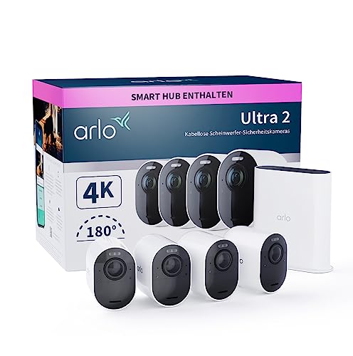 Arlo Ultra 2 Überwachungskamera Aussen WLAN, Kabellos, 4er Set, 4K UHD Qualitätsprodukt, 180° Sichtfeld, Spotlight, Farb-Nachtsicht, Bewegungsmelder, Alarm Sirene + mit Arlo Secure Testzeitraum von Arlo