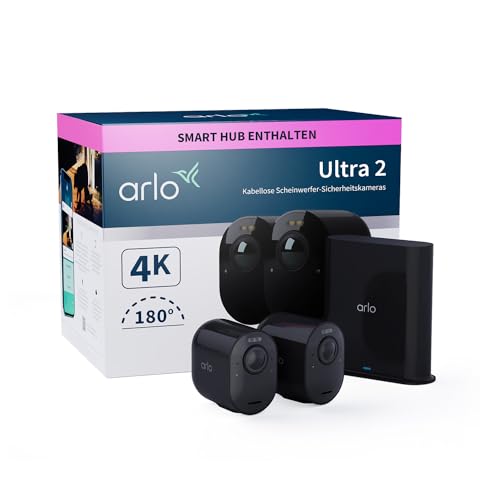 Arlo Ultra 2 Überwachungskamera Aussen WLAN, Kabellos, 2er Set, 4K UHD Qualitätsprodukt, 180° Sichtfeld, Spotlight, Farb-Nachtsicht, Bewegungsmelder, Alarm Sirene + mit Arlo Secure Testzeitraum von Arlo