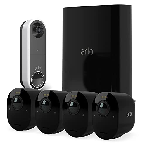 Arlo Ultra2 Überwachungskamera aussen und GRATIS kabellose Video Türklingel Bundle, 4er Set - schwarz, Testzeitraum für Arlo Secure Plan von Arlo