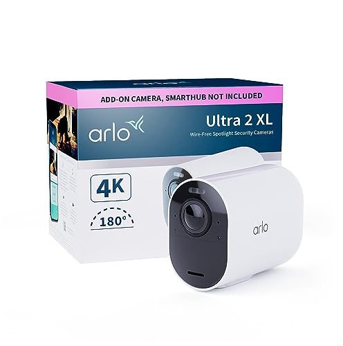 Arlo Ultra 2 XL Überwachungskamera Aussen WLAN, 12-Monate Akkulaufzeit, Kabellos, 4K UHD Qualitätsprodukt, 180°, Nachtsicht, Bewegungsmelder, Alarm Sirene, Zusatzkamera, SmartHub Benötigt,Weiß von Arlo