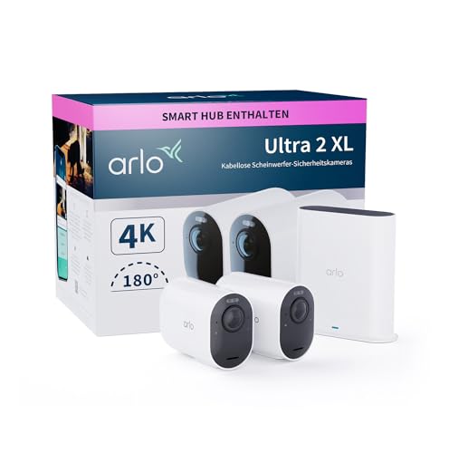 Arlo Ultra 2 XL Überwachungskamera Aussen WLAN, 2er Set, 12-Monate Akkulaufzeit, Kabellos, 4K UHD Qualitätsprodukt, 180°, Spotlight, Nachtsicht, Bewegungsmelder, Alarm Sirene, SmartHub Enthalten von Arlo