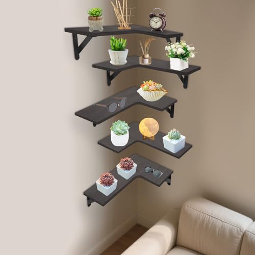 Armanyya 5 Stück Eckregale Set Wandmontierte Eckregale Eckschweberegale Hängende Holzregale Paulownia-Holz 10kg Pro Regal Raumsparend Wohnzimmer Küche 55x43x1.5cm Schwarz von Armanyya