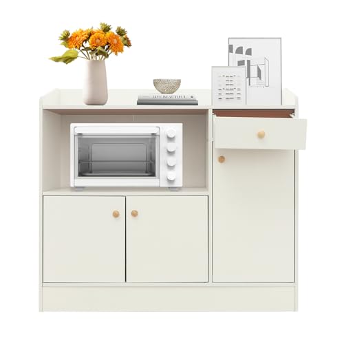 Armanyya Küchenschrank Sideboard für die Küche Schrank mit Tür und Schublade 3 Türen 1 Schublade Hochbelastbar bis 15kg pro Ebene Platzsparend für Geschirr Gewürze Kaffeemaschinen 90x30x80cm Warmweiß von Armanyya