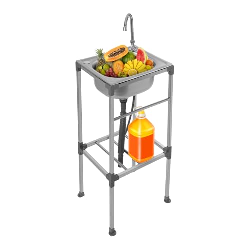 Edelstahl- Multifunktionswaschtisch, 38x33x83cm Freistehende Küchenspüle, Mobile Spüle, 360° drehbarer Wasserhahn, Tragfähigkeit 60kg für Outdoorküche, Gastro und Camping usw von Armanyya