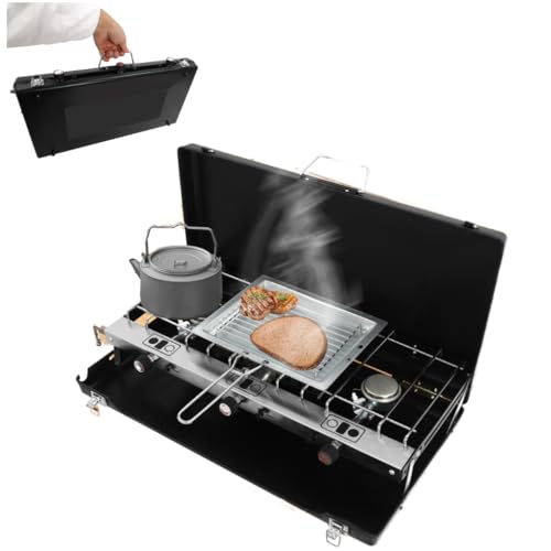Klappgrill, Tragbarer Camping Grill, 3-Flammen-Campingkocher (4,5 kW), 56,5x30x34 cm, Piezo-Zündung für Camping, Grillpartys, Picknicks oder Wanderungen im Freien, Schwarz von Armanyya