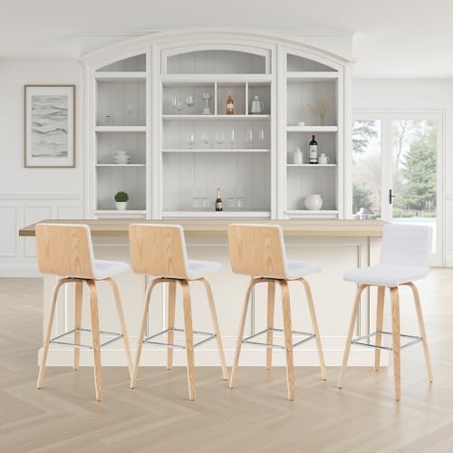 4er Set Moderner Barhocker mit weißem Kunstledersitz und gemustertem Eichenholzgestell Wien von Armen Living