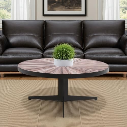 Armen Living Beka Mid-Century Couchtisch, rund, 85 cm, Kastanienbraun mit Tischplatte aus gehärtetem Glas von Armen Living