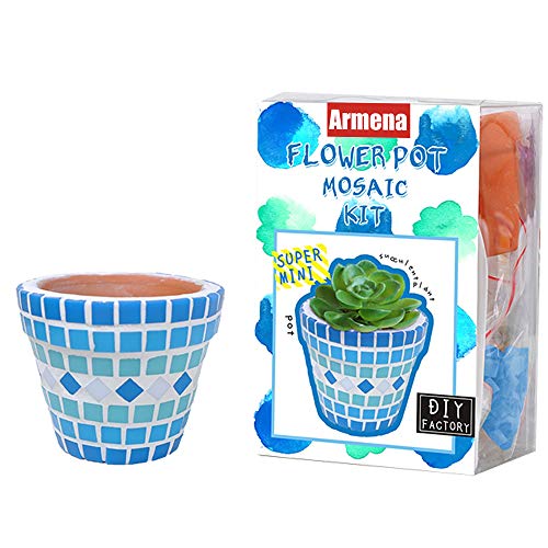 Armena Kreatives Bastelset für Mini Blumentopf Terrakotta Topf Rund 5cm Höhe 4cm und Acryl Mosaiksteinen 5X5mm Blau von Armena