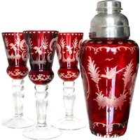 Boho Cocktail Shaker Und Gläser Set - Wittig Rubin Kristall Mit Hirschgravuren von ArmoireAncienne
