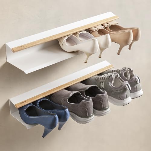 Armore Paar Schuhregale, 2er-Pack, modern, platzsparend, schlank, Wandbehang, Eingangsbereich, Metall, Holz, mit 1 Regal für bis zu 3 Paar Schuhe, schmales starkes offenes Regal (weiß x 2) von Armore