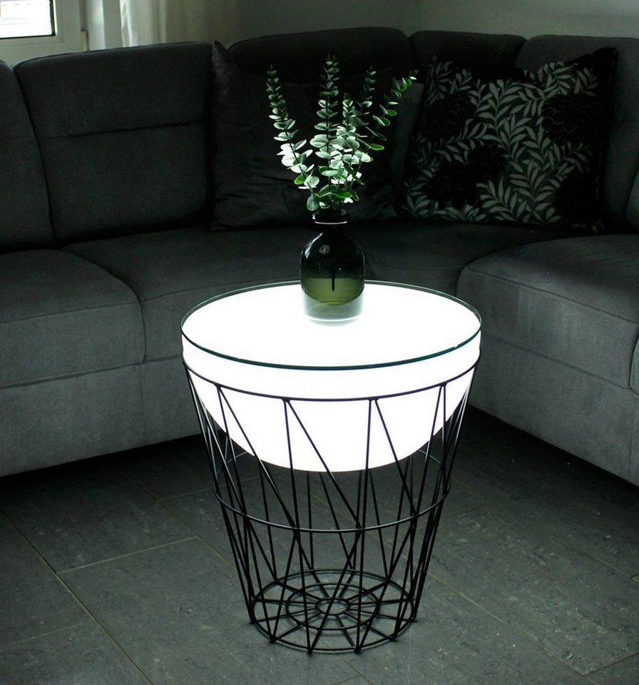 Arnusa Couchtisch LED Beistelltisch beleuchtet rund Korbtisch Metall 50x56 cm, Tisch mit Fernbedienung kabellos nutzbar RGB+W Lounge von Arnusa